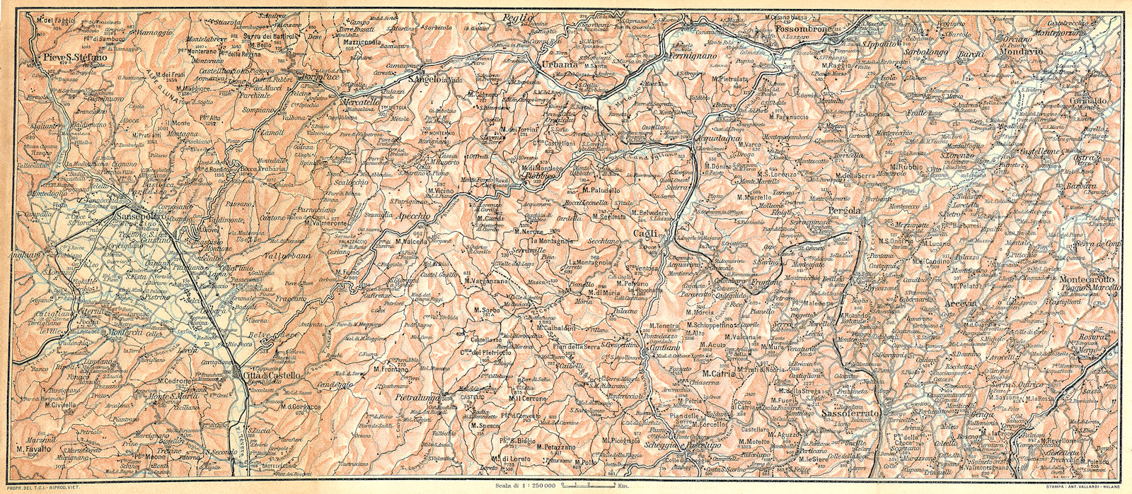 Associate Product ITALY. Appennino Val Tiberina valli dei Metauro, Cesano, Misa ed Esino 1924 map