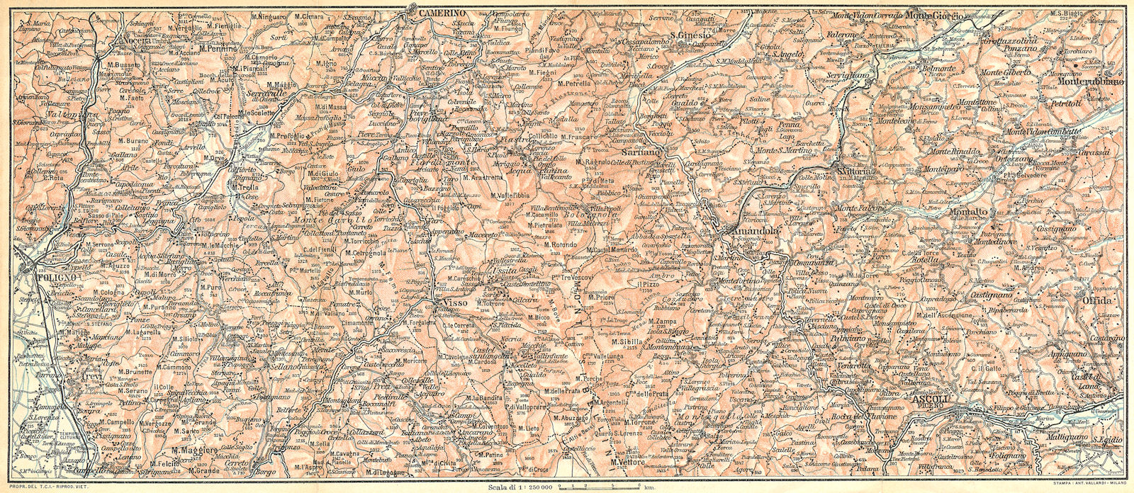 ITALY. L'Appennino tra Foligno, Camerino ed Ascoli(I Monti Sibillini) 1924 map