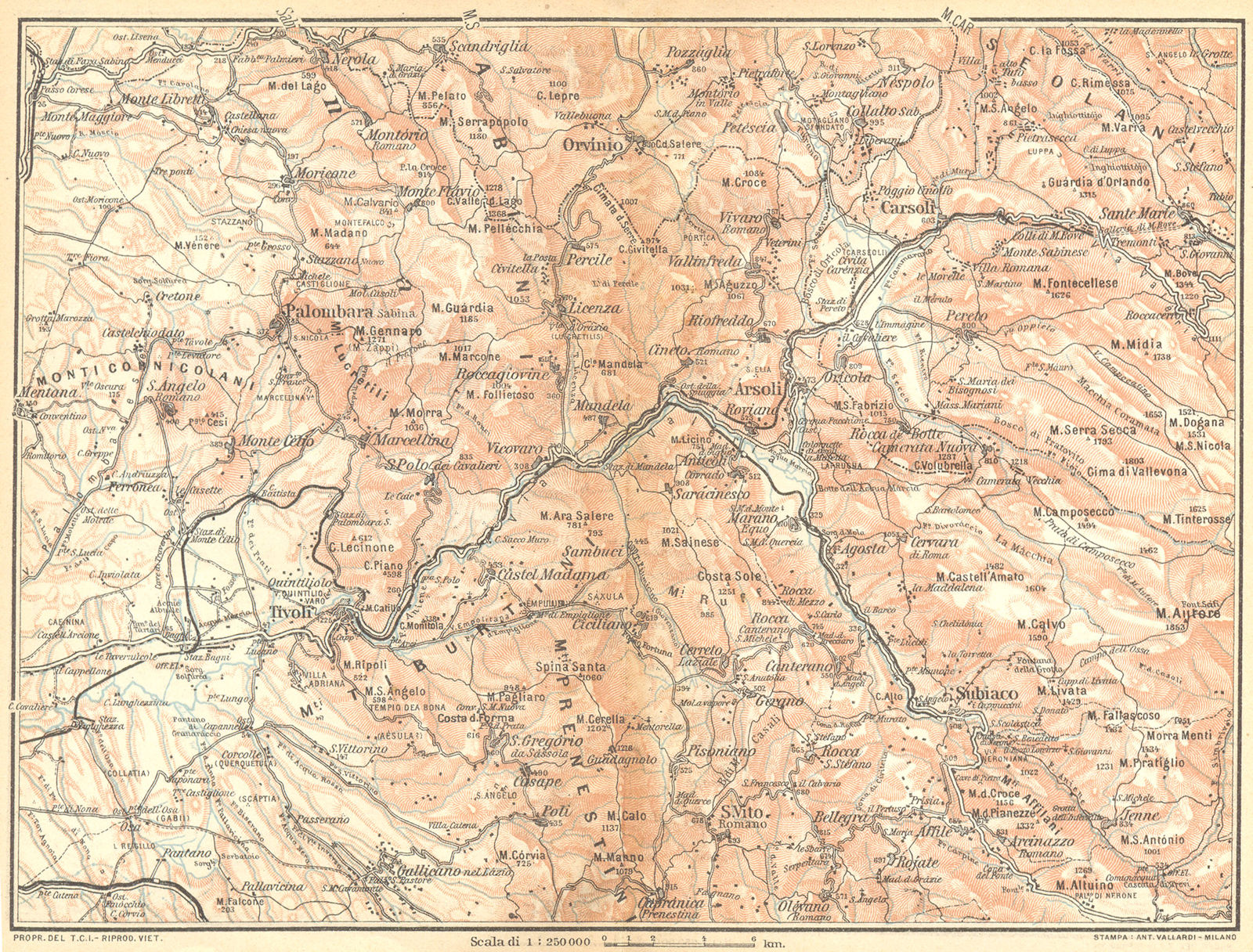 ITALY. Sabina Merid,Monti Tiburtini,Prenestini Carseolani Tivoli 1924 old map