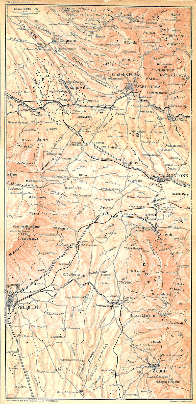 ITALY. Palestrina Velletri Cori gallicano Valmontone Zagarolo Artena 1924 map