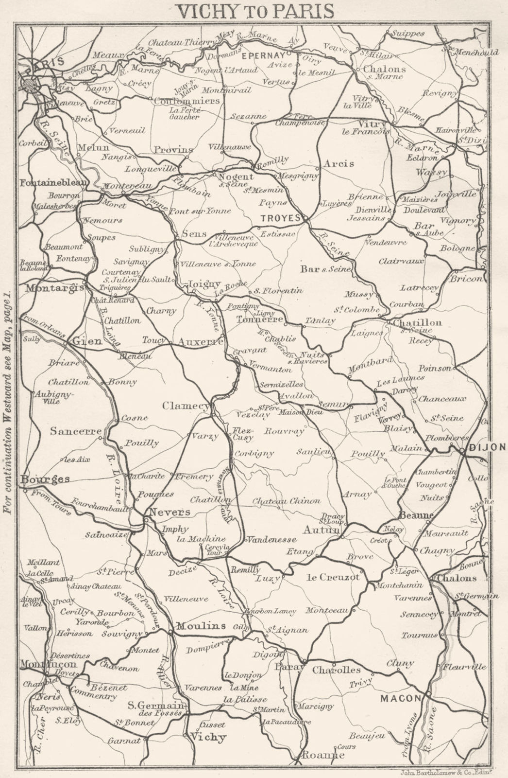 Associate Product ALLIER. Vichy to Paris 1889 old antique vintage map plan chart