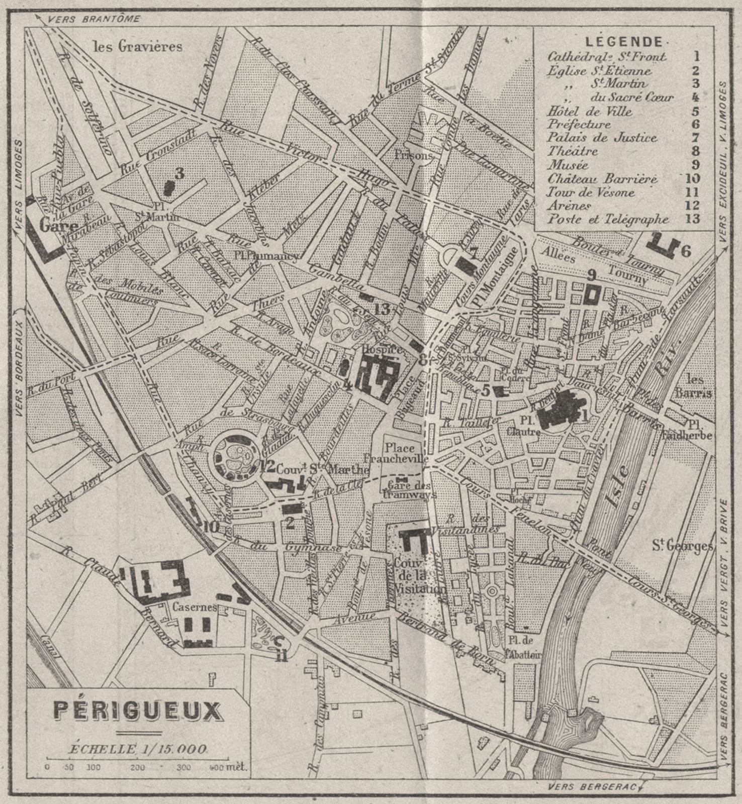 DORDOGNE. Périgueux 1923 old antique vintage map plan chart