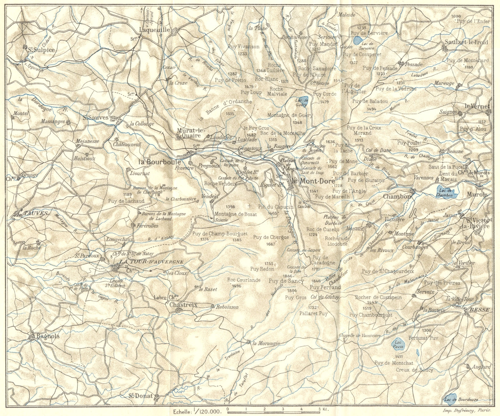 Associate Product PUY-DE-DÔME. Environs de la Bourboule et du Mont-Dore 1923 old antique map
