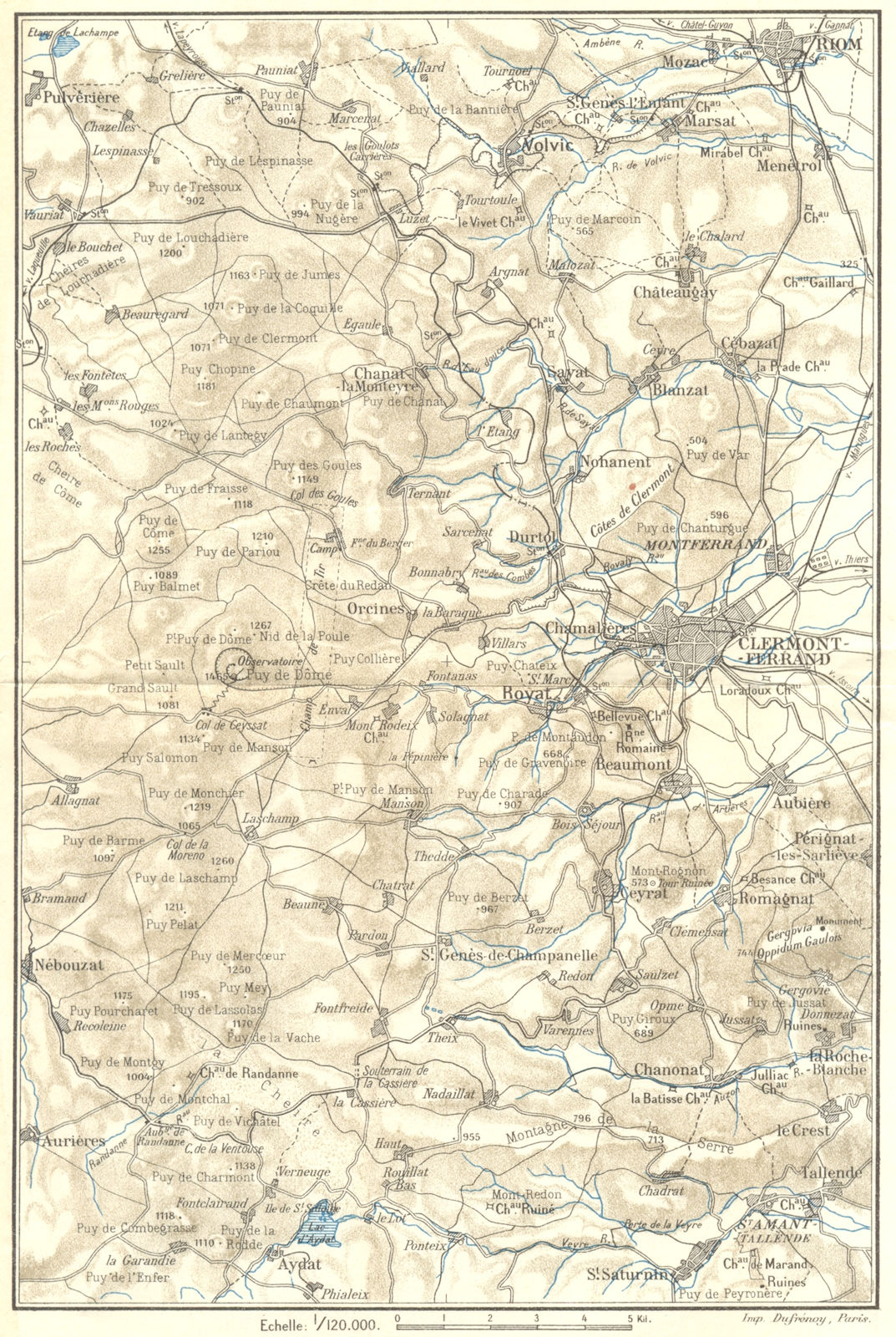 Associate Product PUY-DE-DÔME. Environs de Clermont-Ferrand 1923 old antique map plan chart