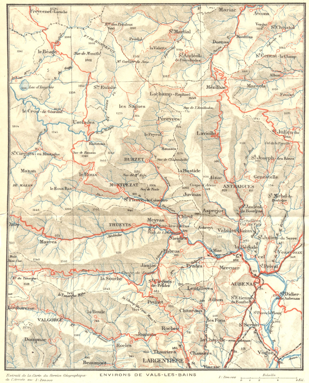 RHÔNE. Environs de Vals-les-Bains 1923 old antique vintage map plan chart