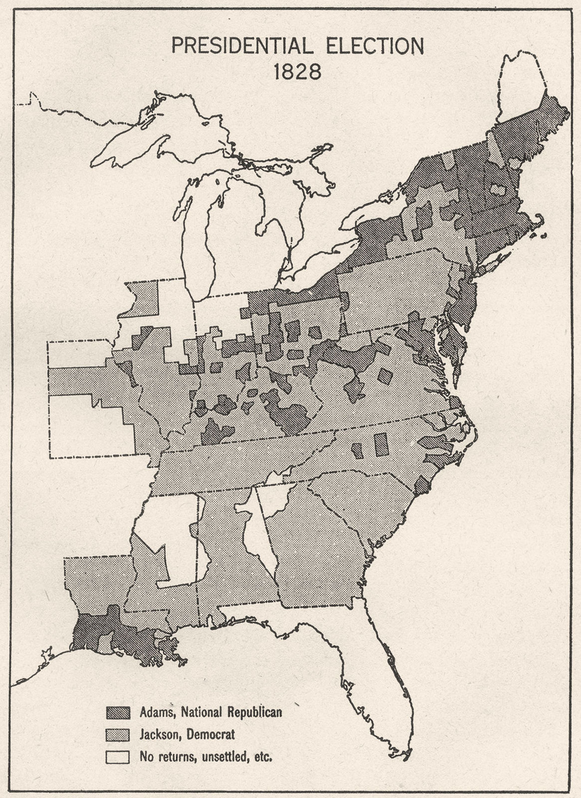 Associate Product USA. Monroe & Adams, 1817-1829. Presidential Election of 1828, sketch map 1942