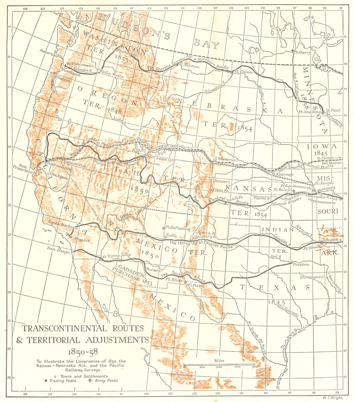 USA. Transcontinental Routes & Territorial Adjustments, 1850-58 1942 old map
