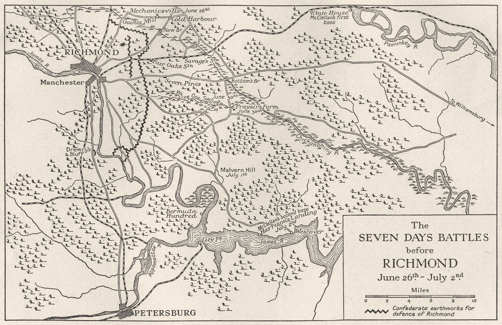 USA. War 1862. 7 Days Battles before Richmond June 26-July 2, sketch map 1942