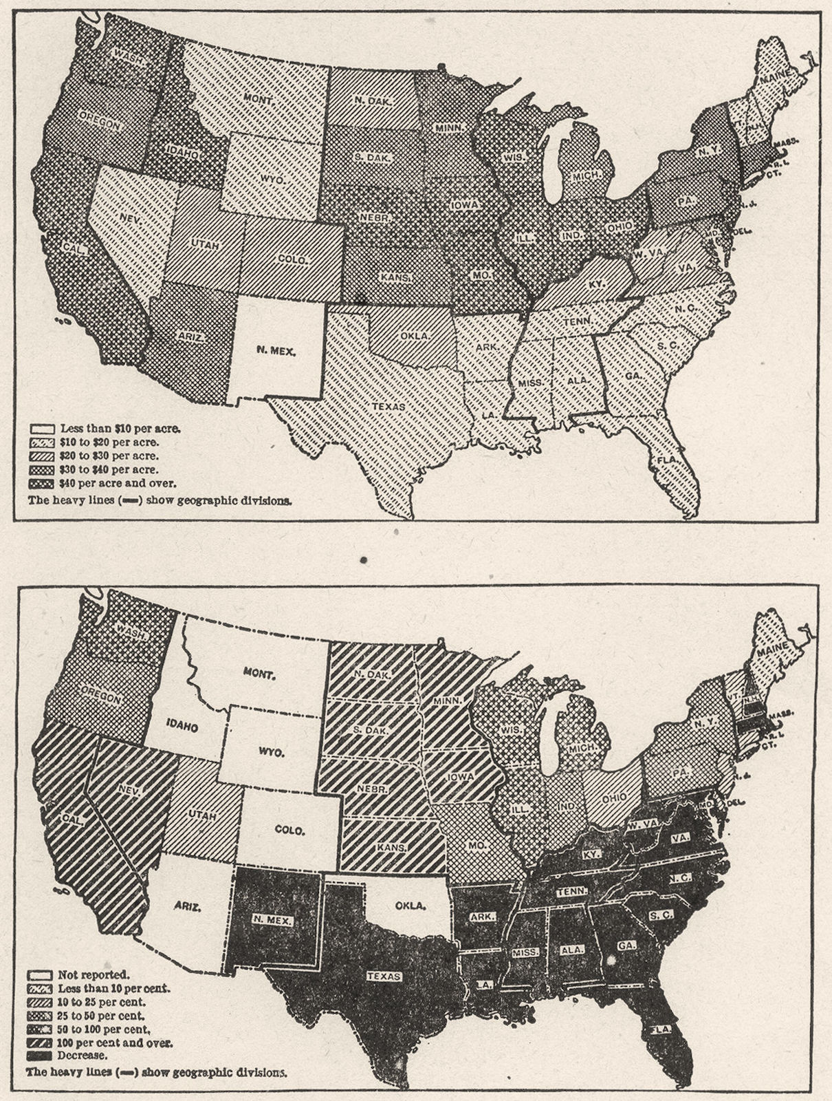 Associate Product USA. Average farm land value 1910; Farmland increase 1860-70 sketch map 1942