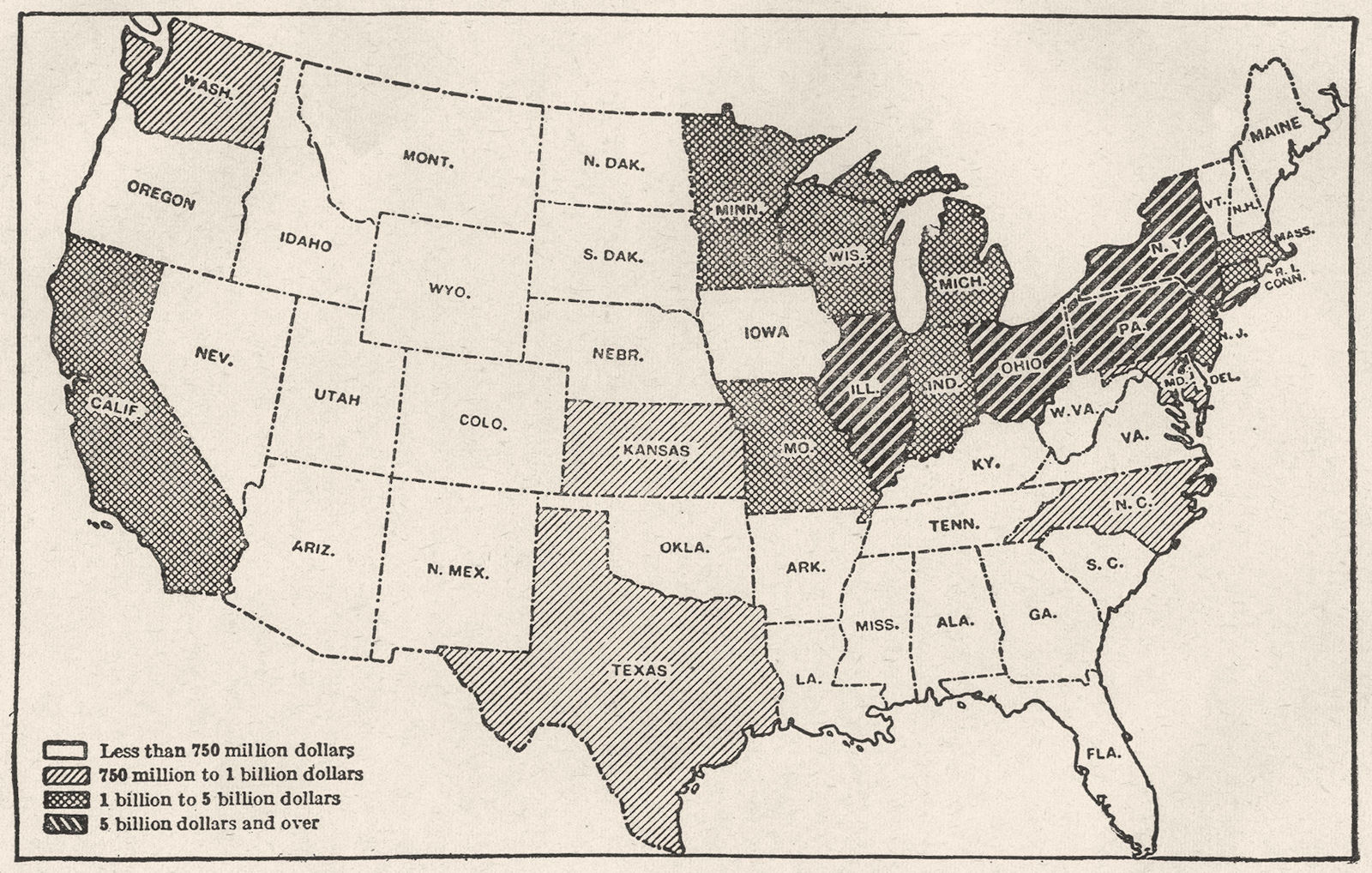 USA. Value of manufactured products in 1919 by States, sketch map 1942 old