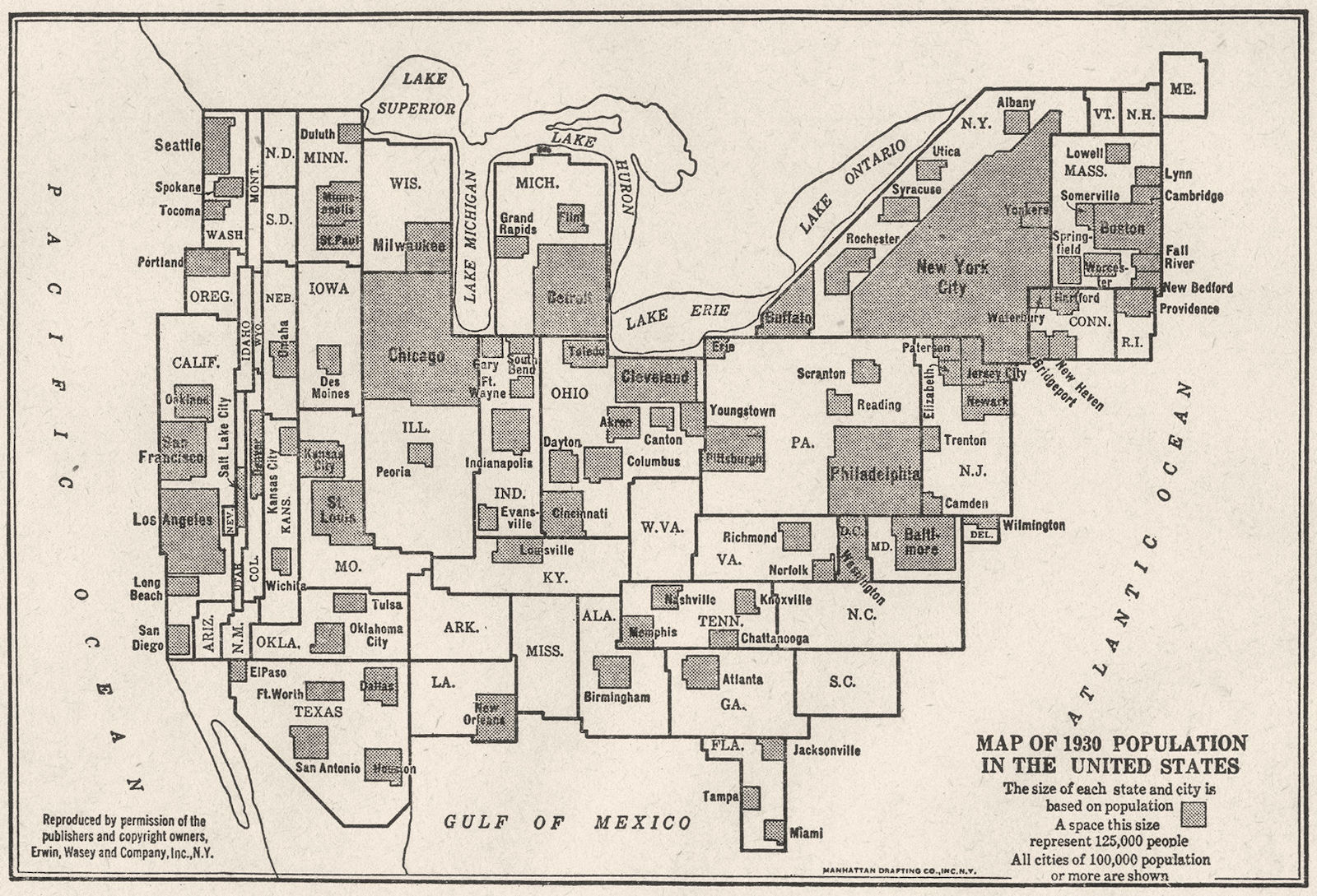 USA. Map of 1930 population sketch map 1942 old vintage plan chart