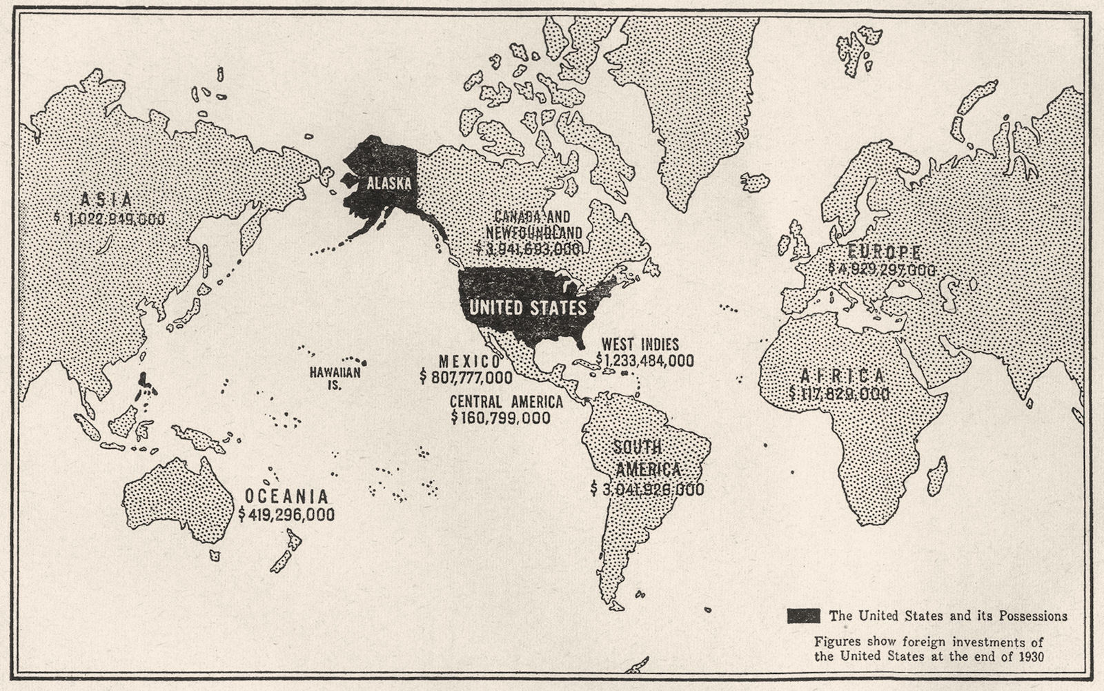 WORLD. American foreign interests, possessions investment 1930, sketch map 1942