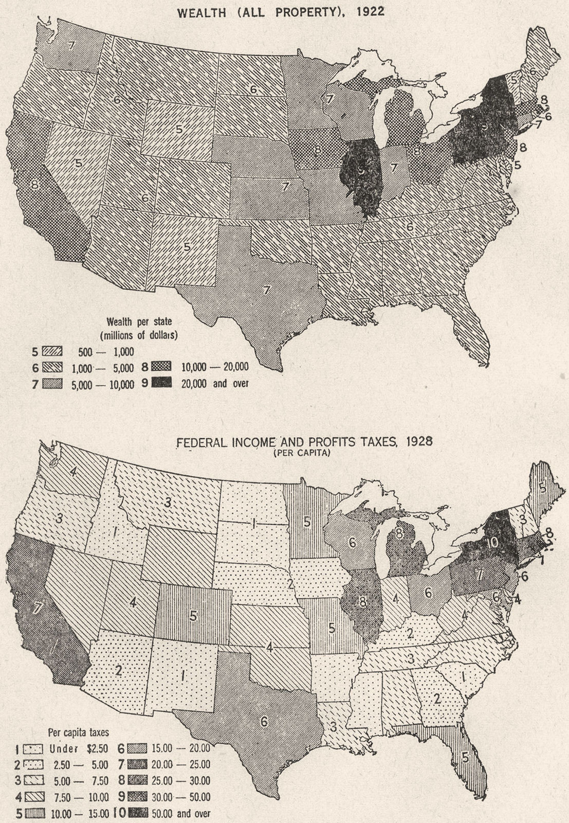 USA. Concentration of Wealth, 1922; Federal taxes 1928, sketch map 1942