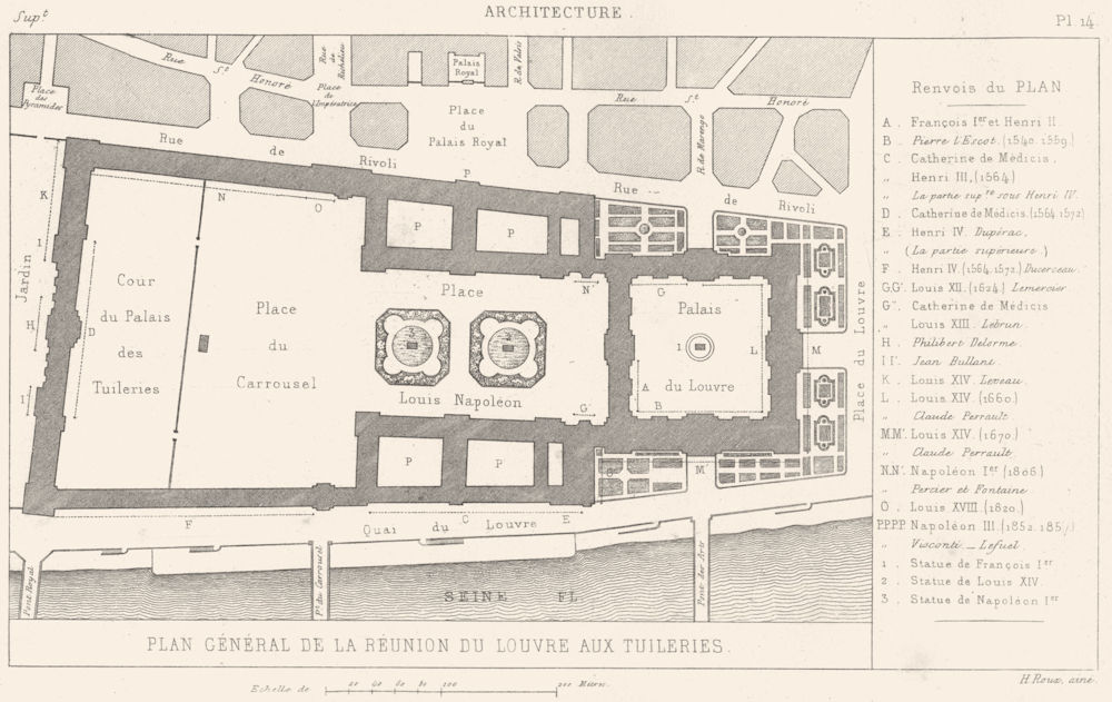 Associate Product PARIS. Architecture. Plan General de reunion du Louvre aux Tuileries 1875