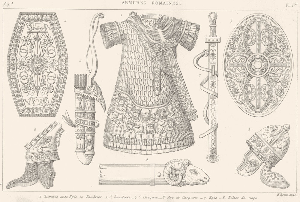 Associate Product ROMAN ARMOUR. Breastplate sword belt Shield Helmet bow quiver Aries 1875 print