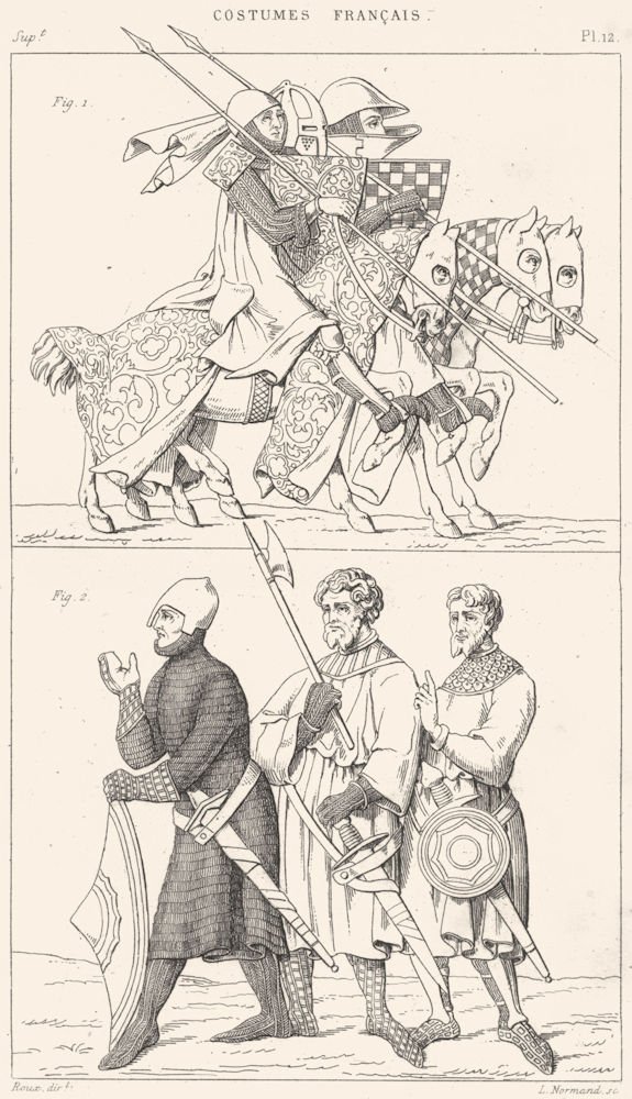 Associate Product FRANCE. Militaria. Chevaliers rendant Tournoi; Trois Sergents(1400) 1875 print