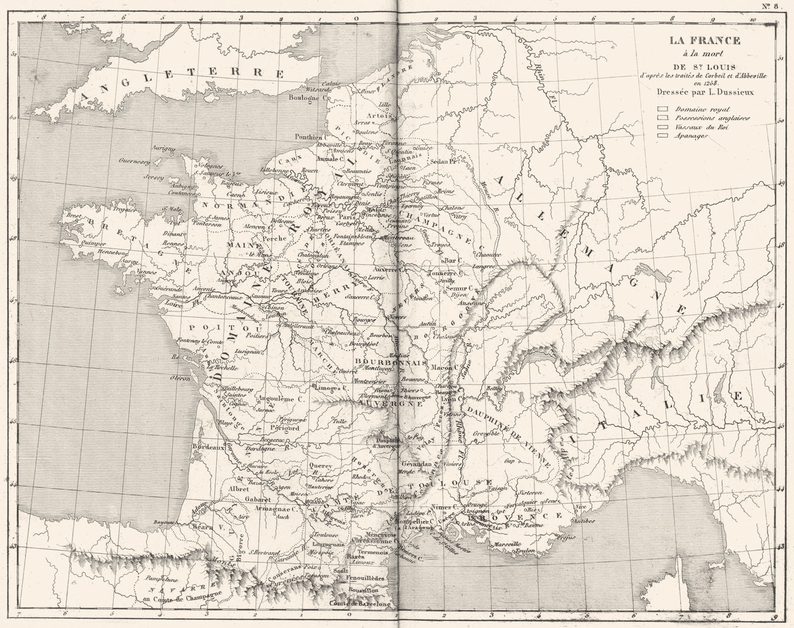 FRANCE. La France a la Mort de St Louis 1879 old antique map plan chart