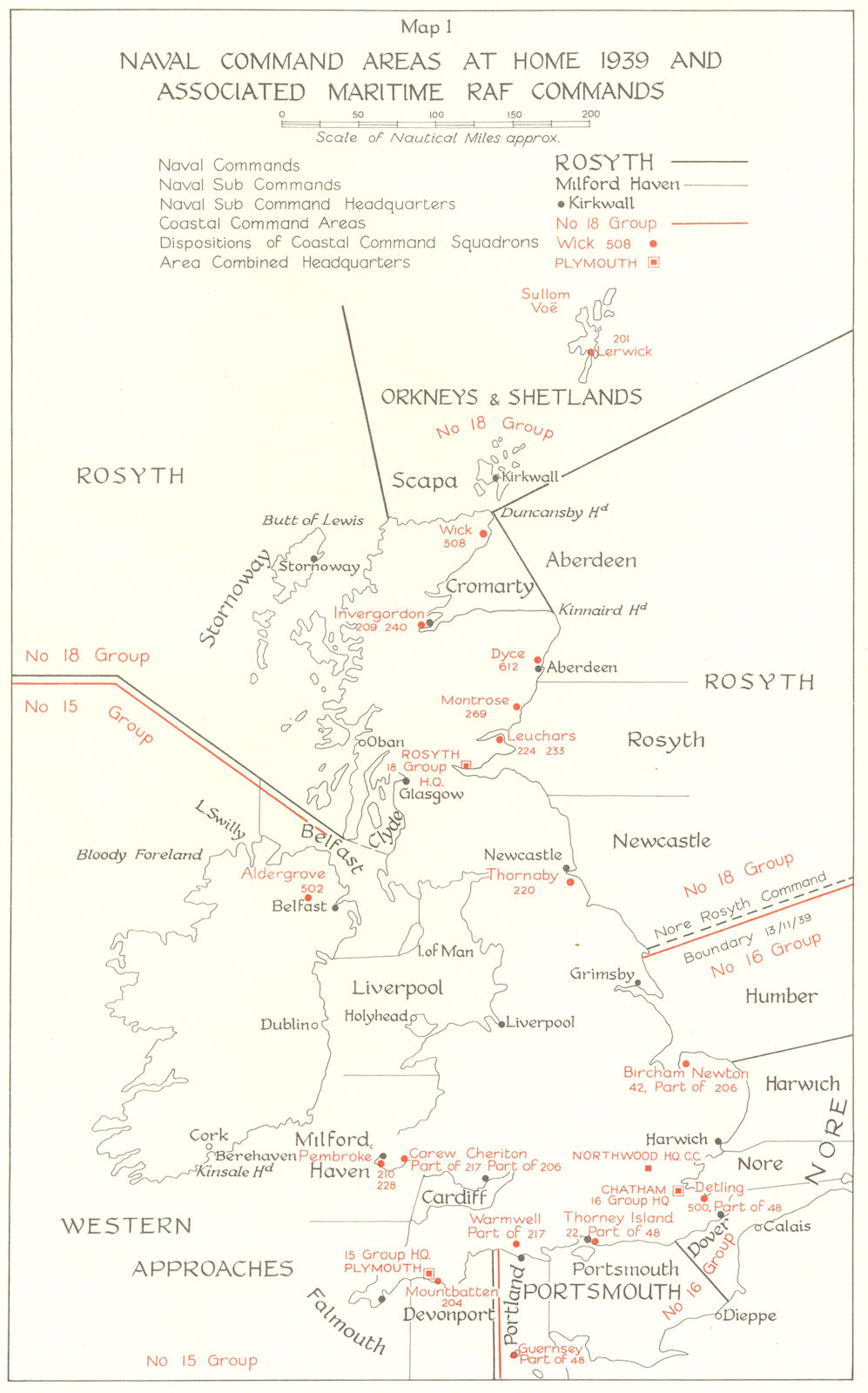 UK. Naval Command Areas at home 1939 & Maritime RAF Commands 1954 old map