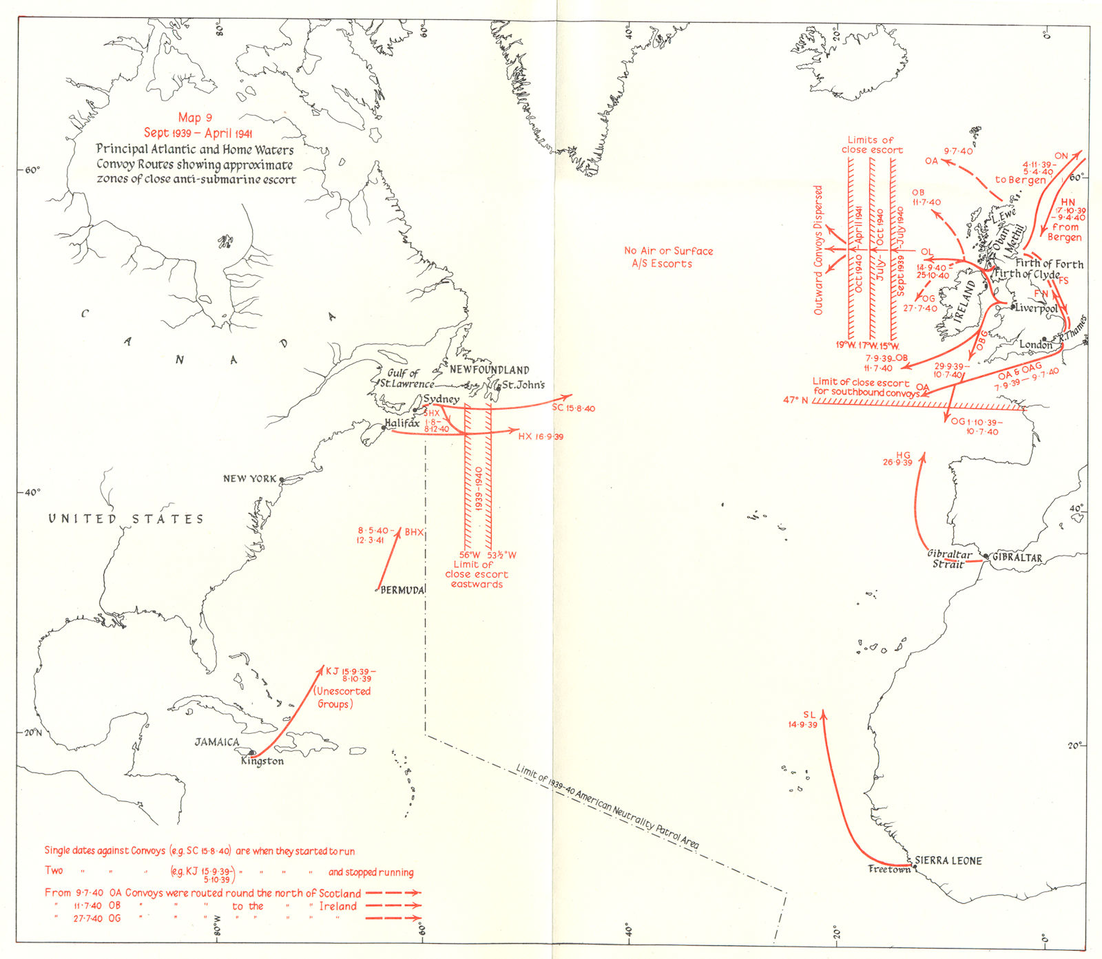 ATLANTIC. Main convoy routes. Zones anti-submarine escort 1939-41 1954 old map