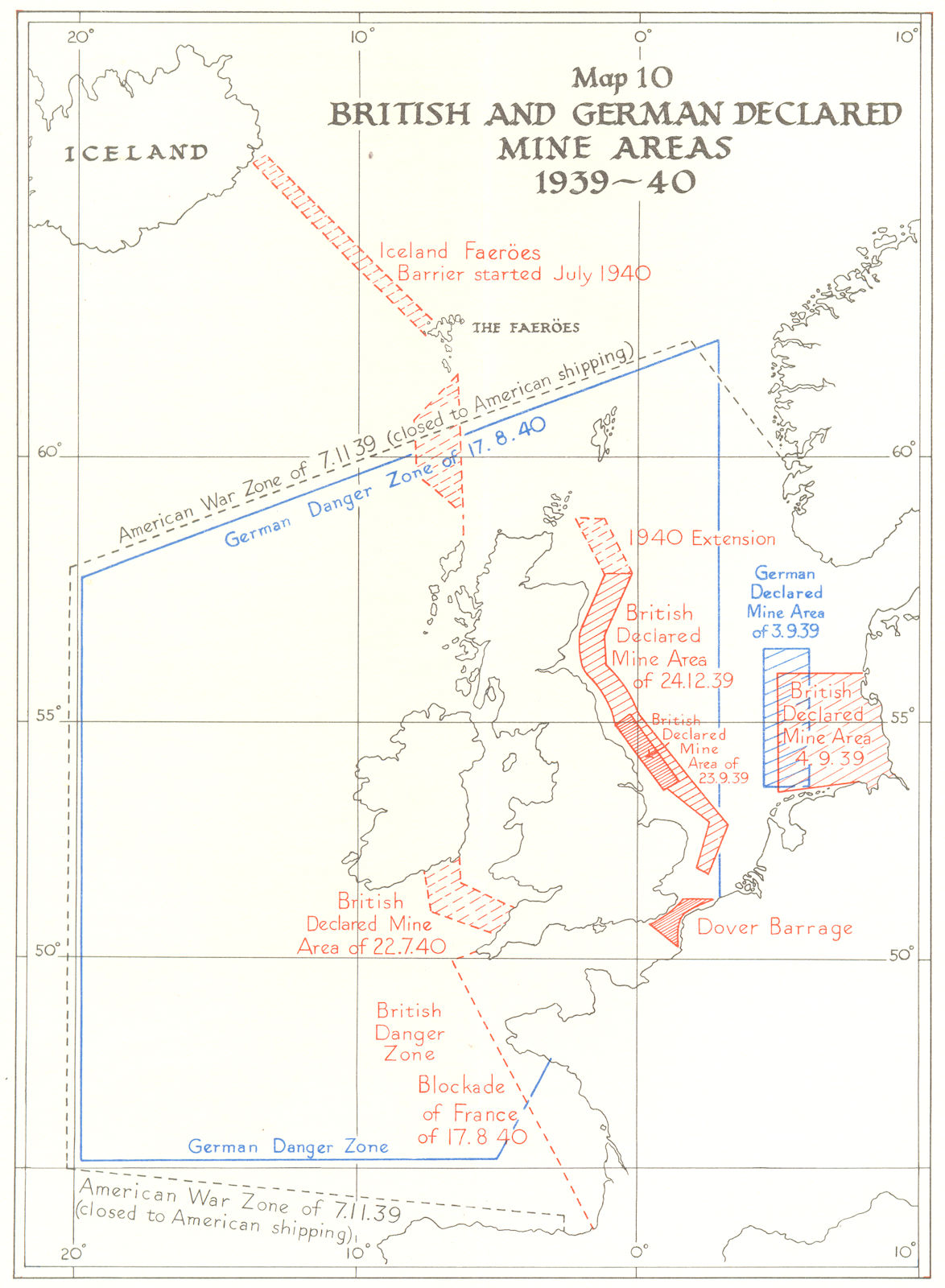 EUROPE. British and German declared mine areas, 1939-40 1954 old vintage map