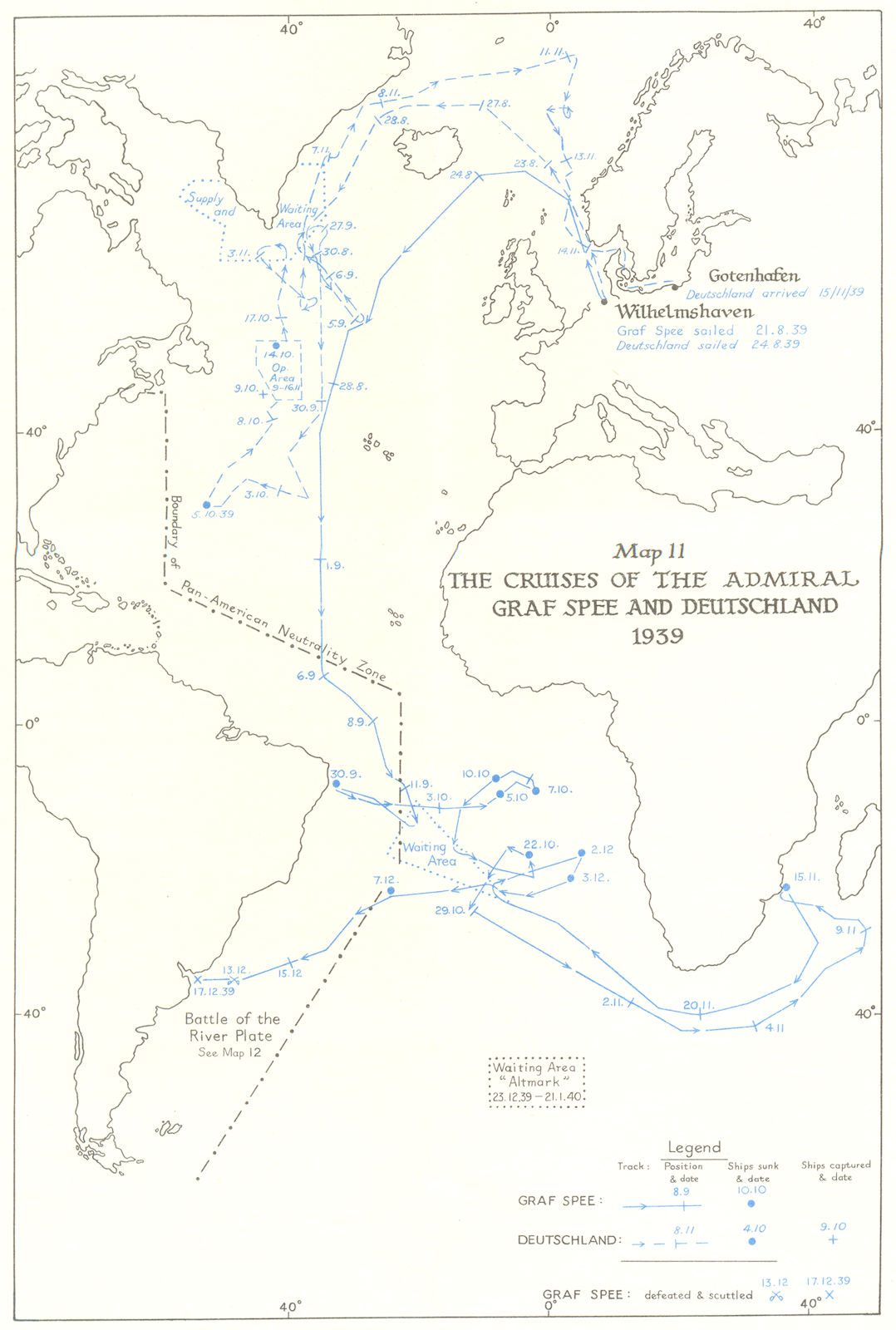 ATLANTIC. Ocean Warfare. Cruises Admiral Graf Spee & Deutschland, 1939 1954 map