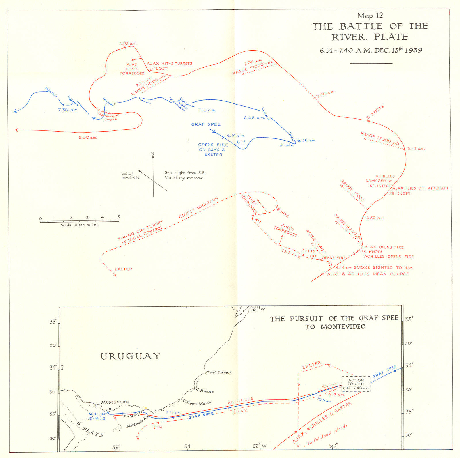Associate Product BATTLE OF RIVER PLATE(RIO DE LA PLATA). 1939; Graf Spee to Montevideo 1954 map