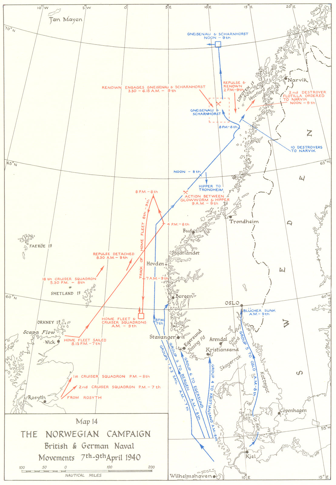 NORWEGIAN CAMPAIGN. British & German Naval movements, 7-9 Apr, 1940 1954 map