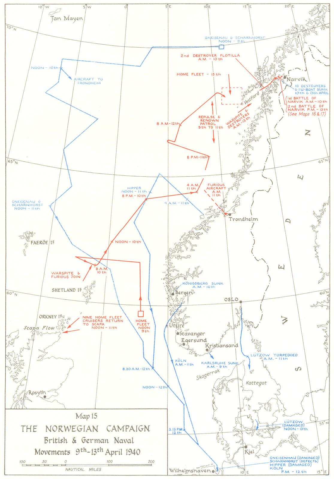 NORWEGIAN CAMPAIGN. British & German Naval movements, 9-13th Apr, 1940 1954 map