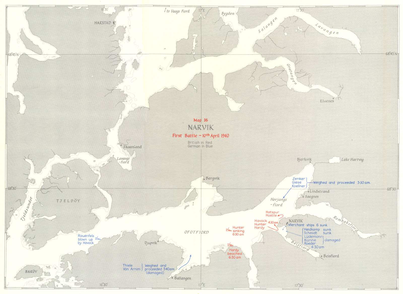 Associate Product THE NORWEGIAN CAMPAIGN. Narvik First Battle 10 April 1940 1954 old vintage map