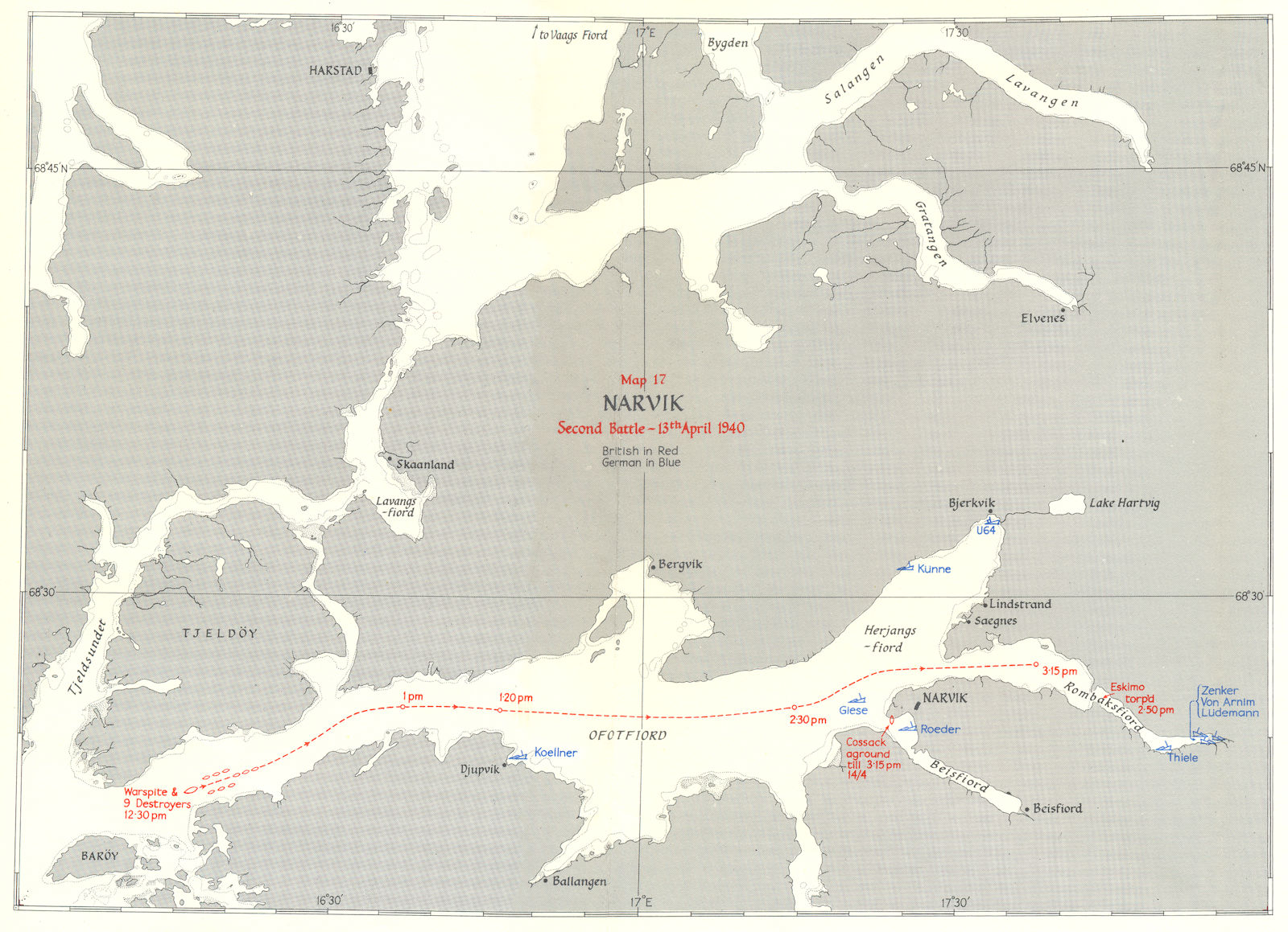 NORWEGIAN CAMPAIGN. Narvik Second Battle 13 April 1940 1954 old vintage map