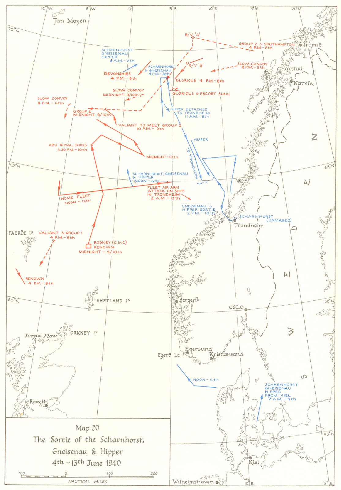 NORWEGIAN CAMPAIGN. Scharnhorst, Gneisenau & Hipper, 4-13 June 1940 1954 map