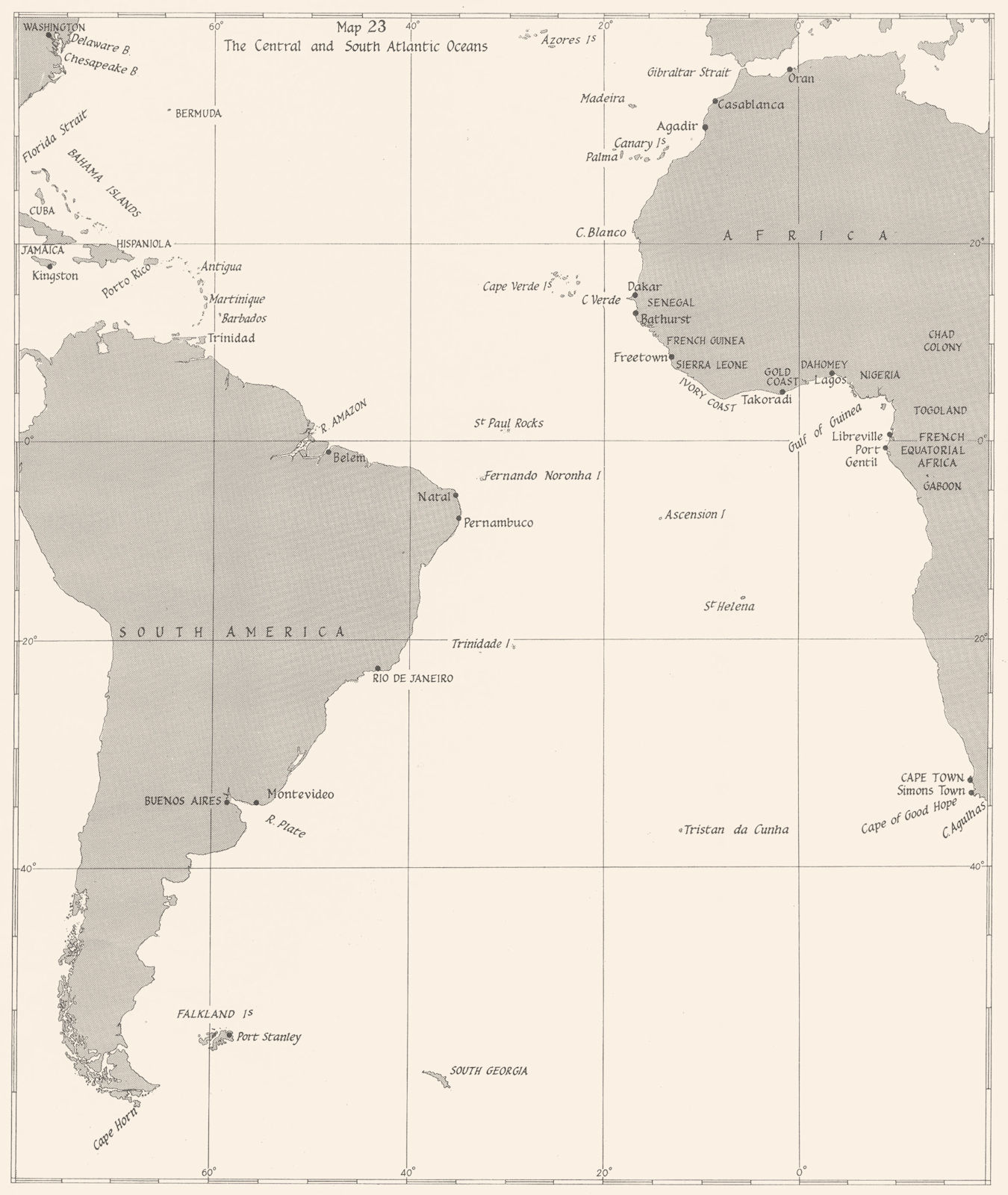 OCEAN WARFARE. Jan-Dec 1940. Central & south Atlantic Oceans 1954 old map