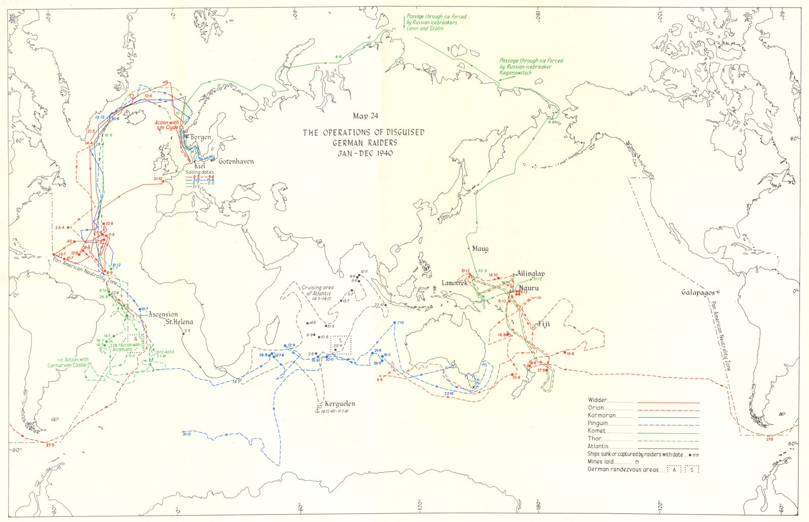OCEAN WARFARE. operations of disguised German Raiders, 1940 1954 old map