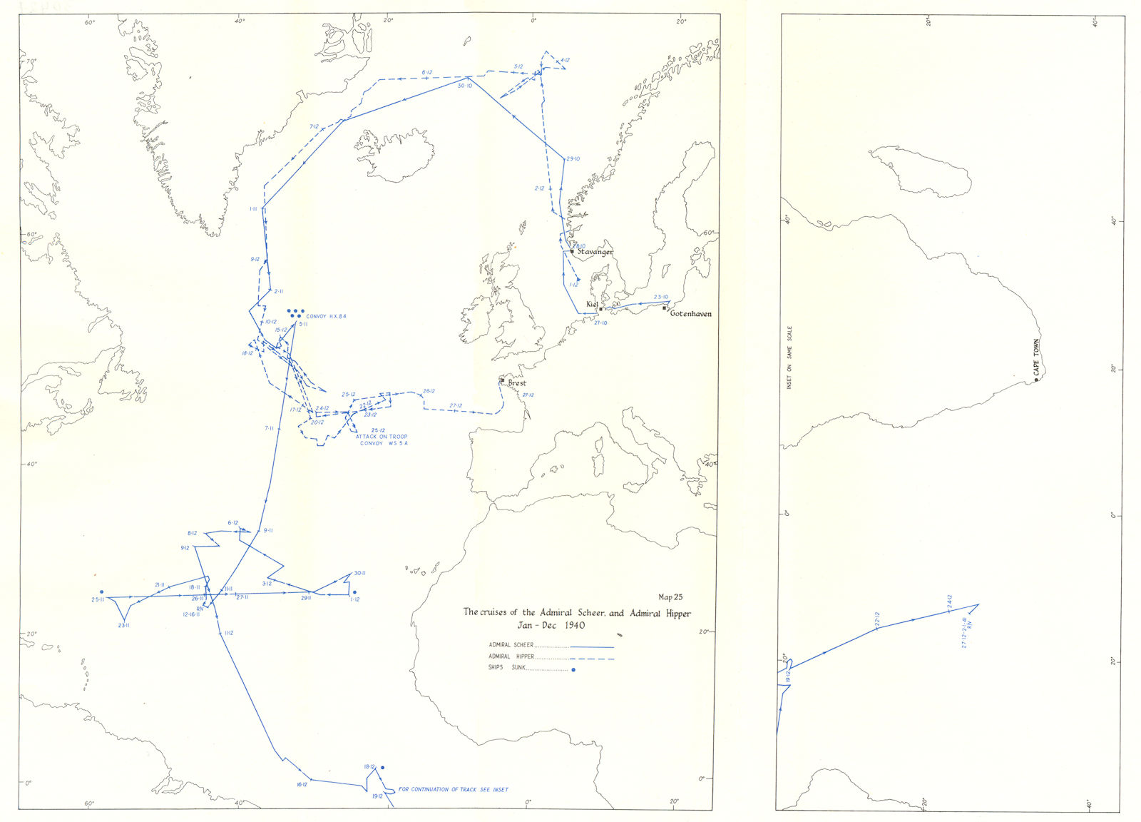 ATLANTIC. Ocean Warfare. Cruises of Admiral Scheer & Hipper, 1940 1954 old map
