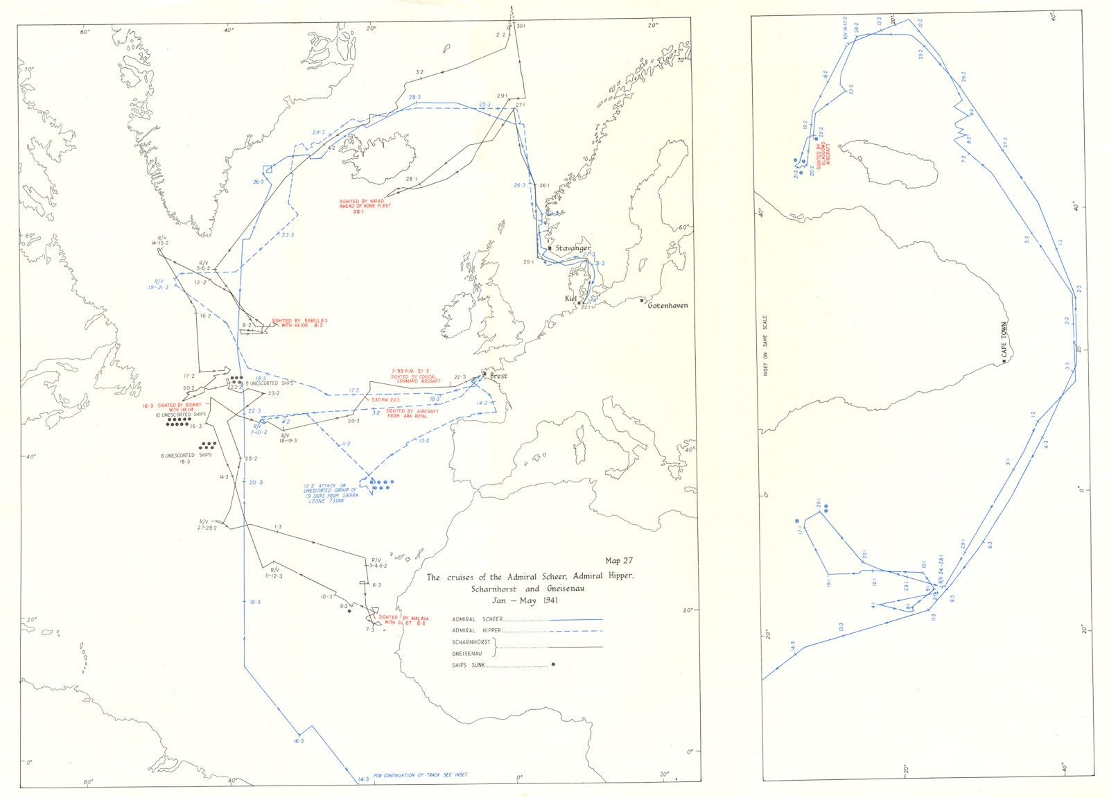NAVAL. Track of Admiral Scheer, Hipper, Scharnhorst & Gneisenau, 1941 1954 map