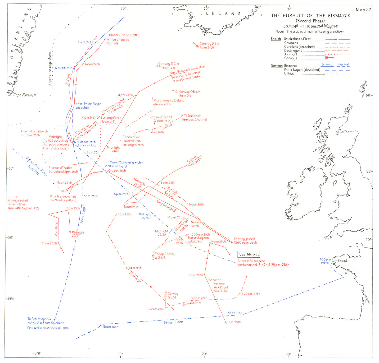 ATLANTIC. Pursuit of Bismarck 8 am 24th-11 30 pm 26th May 1941 1954 old map