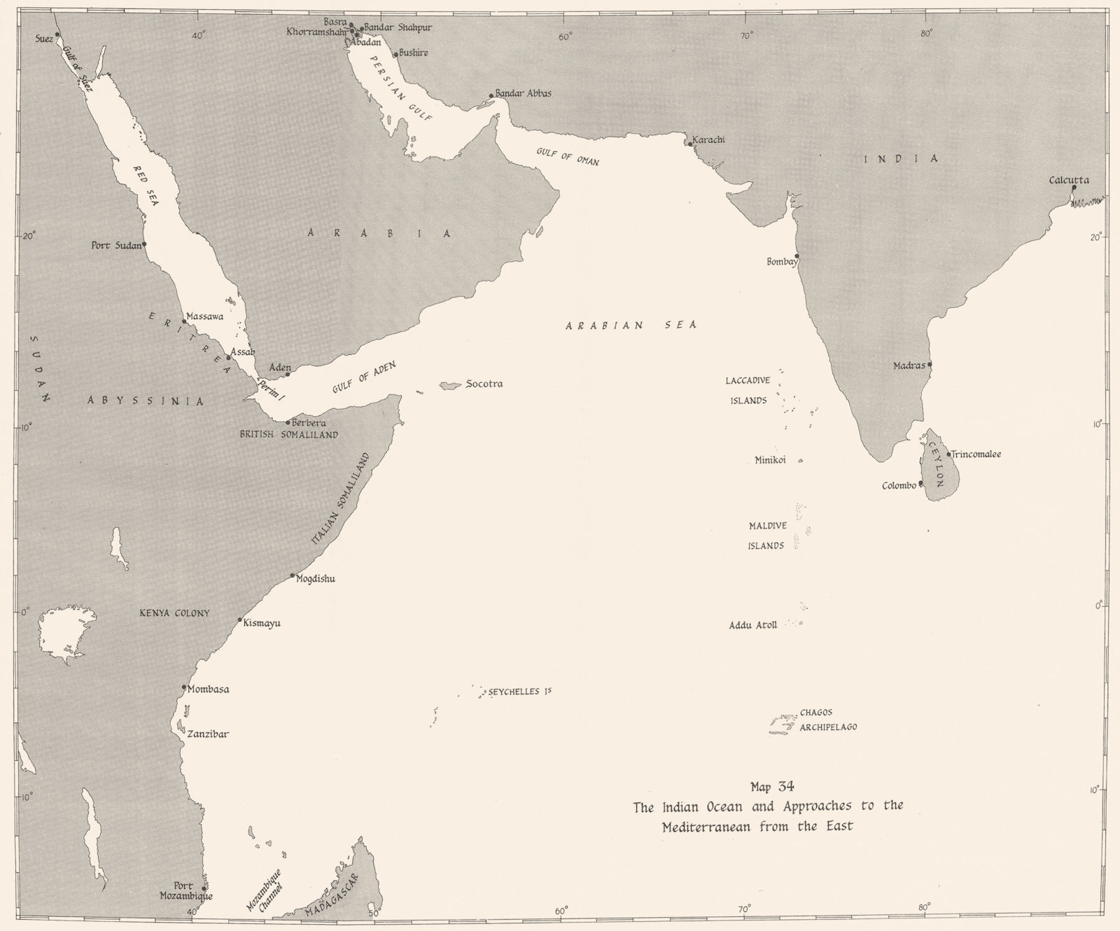 INDIAN OCEAN. & Approaches to Mediterranean east. Jan-May 1941 1954 old map