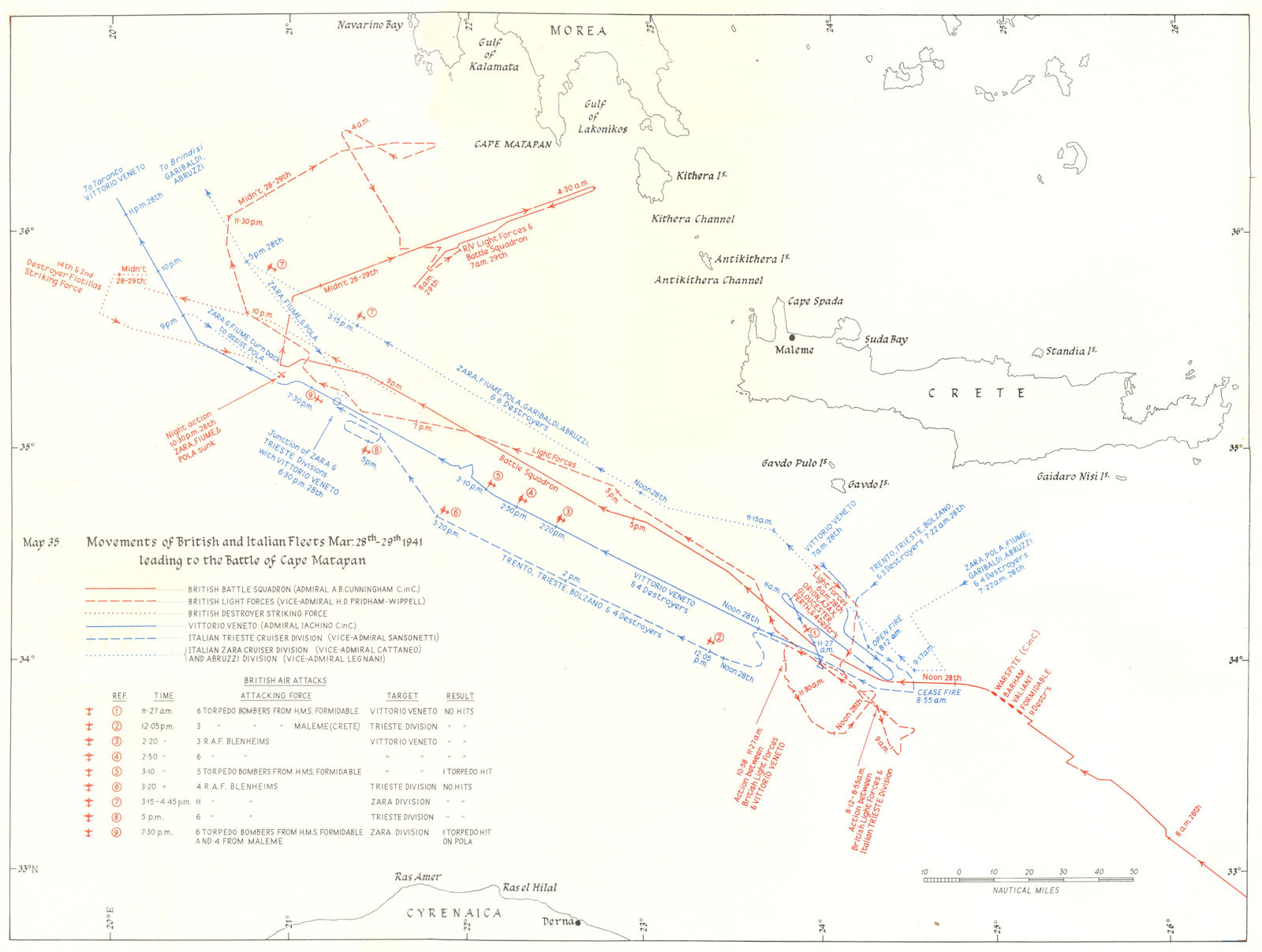 GREECE. Track British & Italian Fleets, Mar 1941, Battle Cape Matapan 1954 map