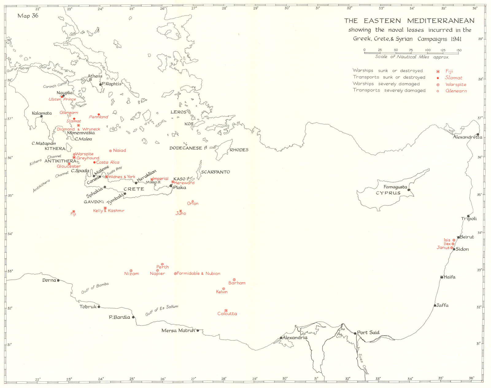 EASTERN MEDITERRANEAN. Naval losses, Greek, Crete Syria Campaigns 1941 1954 map