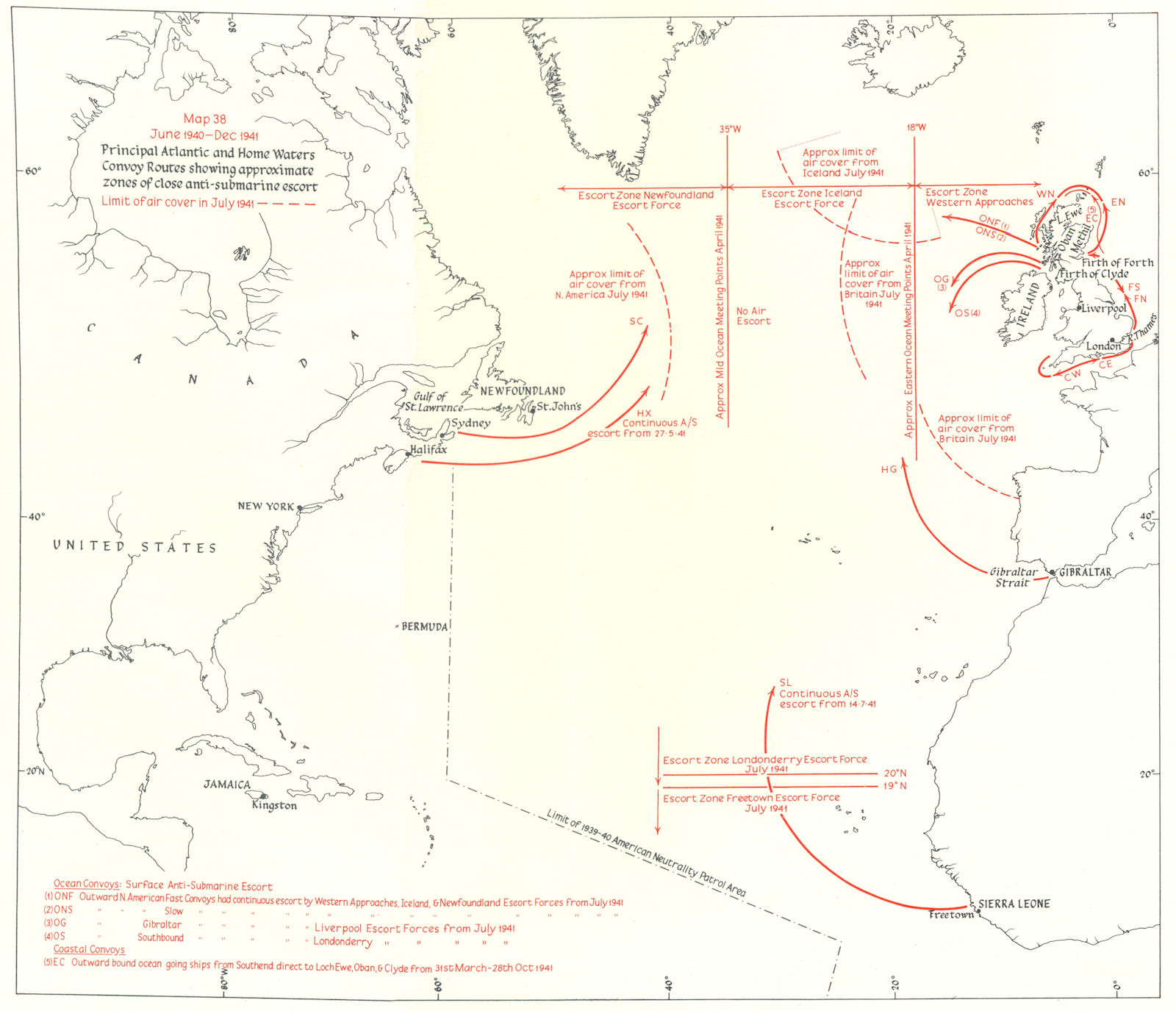 ATLANTIC. 1940-41 convoy routes; anti U-Boat escort air cover 1954 old map