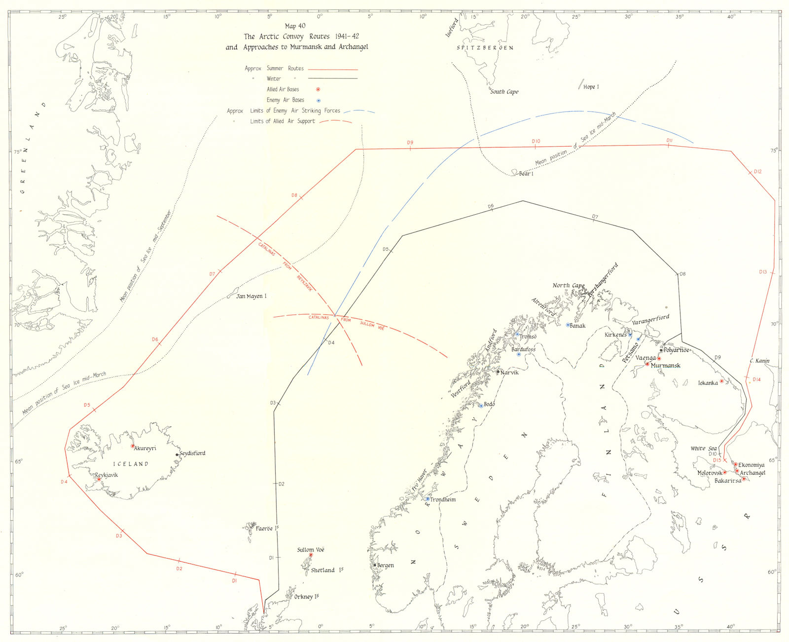 ARCTIC CONVOY ROUTES. 1941-42 & Approaches to Murmansk & Archangel 1954 map