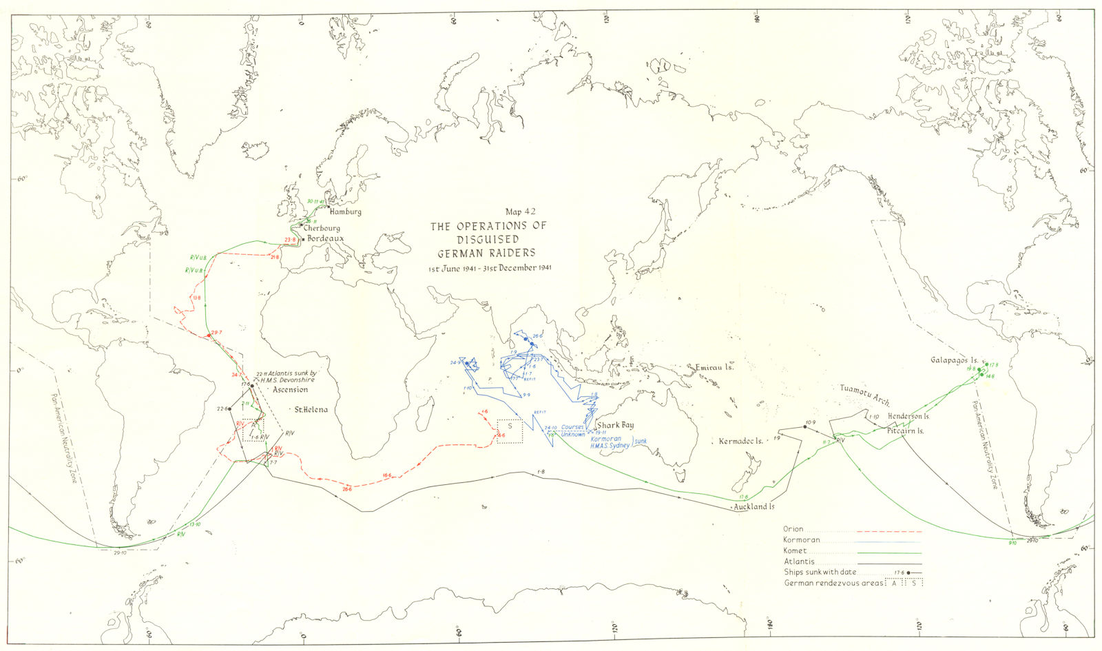 OCEAN WARFARE. Operations of disguised German Raiders, June-Dec 1941 1954 map