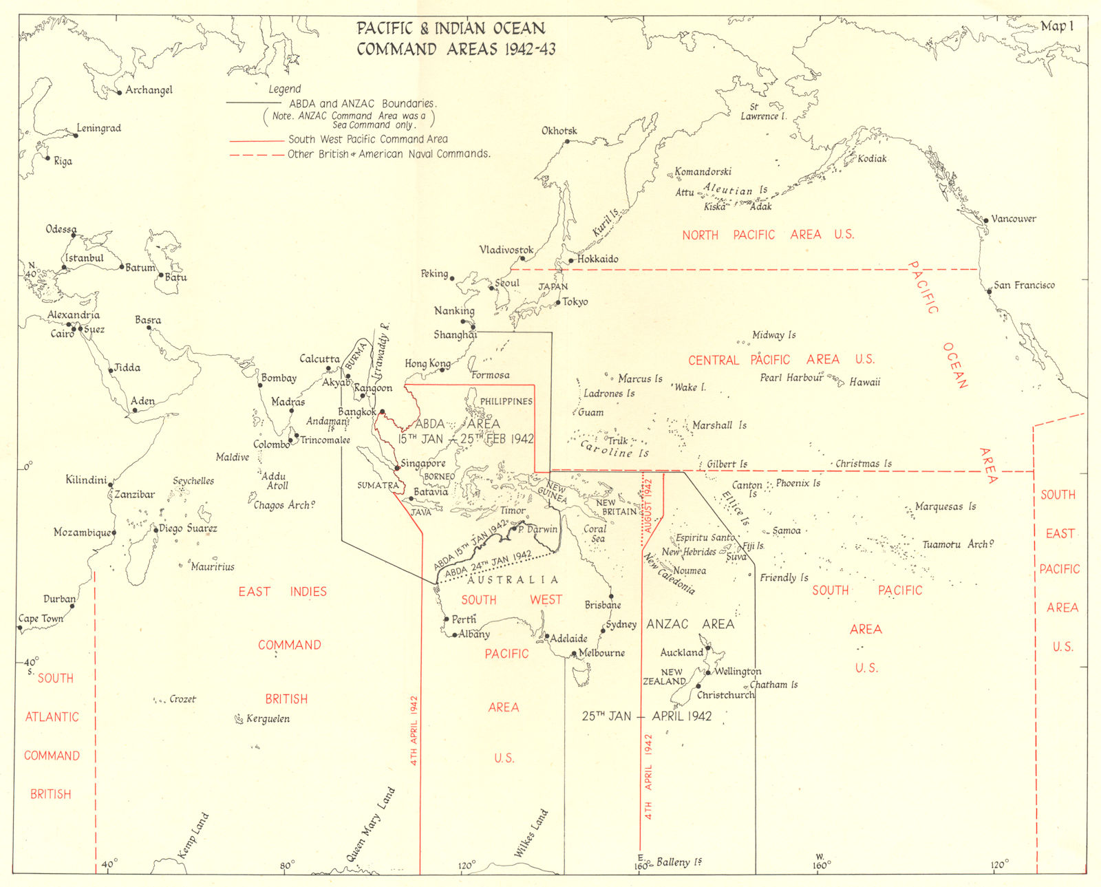 PACIFIC AND INDIAN OCEAN. Command areas 1942-43 1956 old vintage map chart