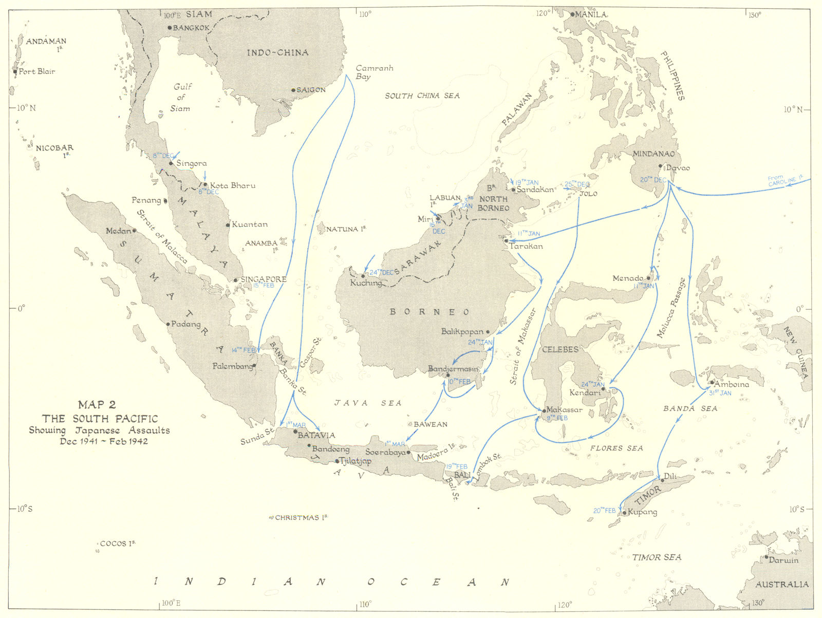 Associate Product INDONESIA. South Pacific showing Japanese assaults Dec 1941-Feb 1942 1956 map