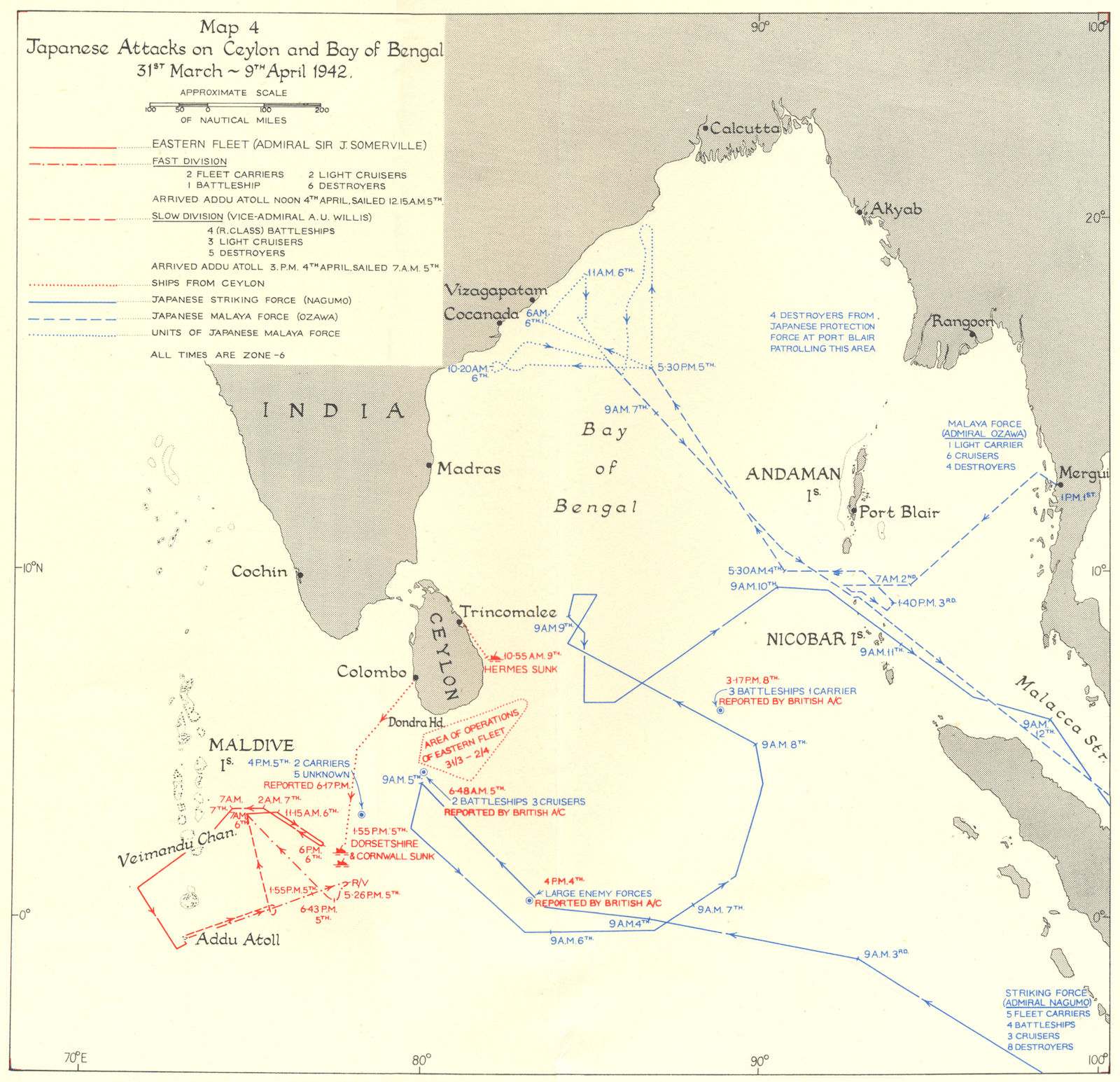 SRI LANKA. Japanese attacks, Sri Lanka & Bay of Bengal March-Apr 1942 1956 map