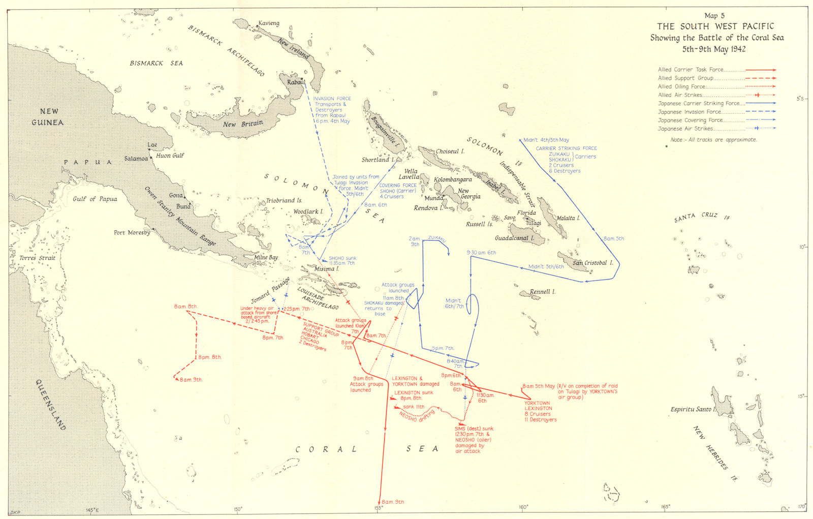SOUTH WEST PACIFIC. Battle of the Coral Sea 5th-9th May 1942 1956 old map