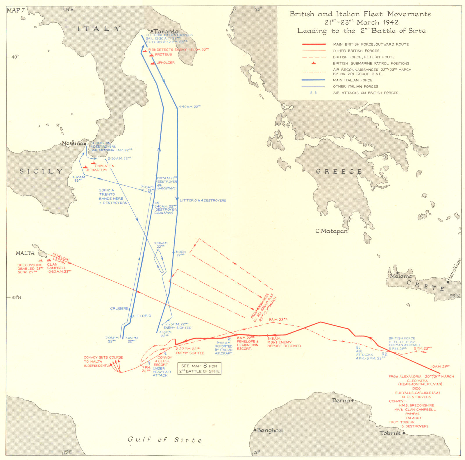 LIBYA. British & Italian Fleet tracks March 1942. 2nd battle of Sirte 1956 map