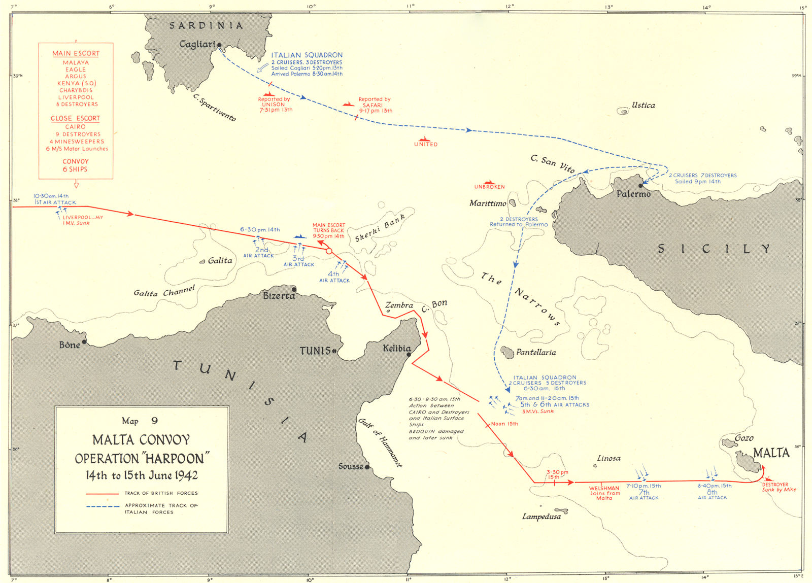 AFRICAN CAMPAIGNS. Malta Convoy operation Harpoon June 1942 1956 old map