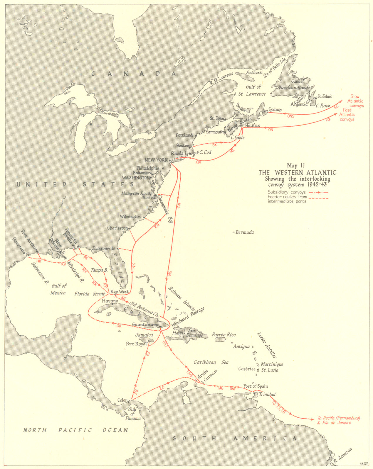BATTLE OF THE ATLANTIC. Western Atlantic. Convoy system 1942-43 1956 old map