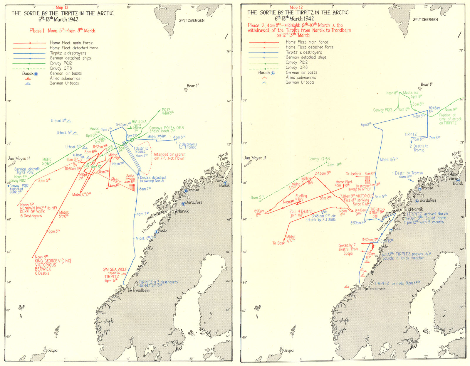 Associate Product ARCTIC. The sortie by the Tirpitz 6th-13th March 1942 1956 old vintage map